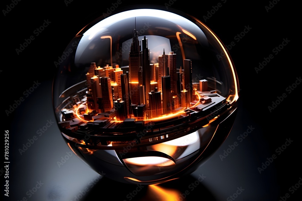 Luminous Digital Cityscape Encapsulated within Futuristic Circuit-Embellished Glass Sphere Luminous Digital Cityscape Encapsulated within Futuristic Circuit-Embellished Glass Sphere