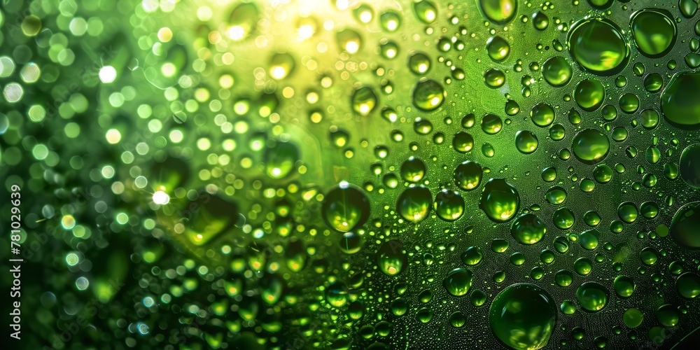 Close shot of water drops on green glass backdrop green dues or drops with a perfect backdrop for product, Generative AI.