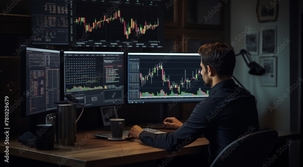 Young man in a suit engrossed in his work at a table, analyzing investment graphs, playing stocks, and closely monitoring financial trends on a computer screen. Generative AI. Young man in a suit engrossed in his work at a table, analyzing investment graphs, playing stocks, and closely monitoring financial trends on a computer screen. Generative AI.