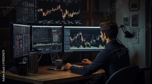 Young man in a suit engrossed in his work at a table, analyzing investment graphs, playing stocks, and closely monitoring financial trends on a computer screen. Generative AI.