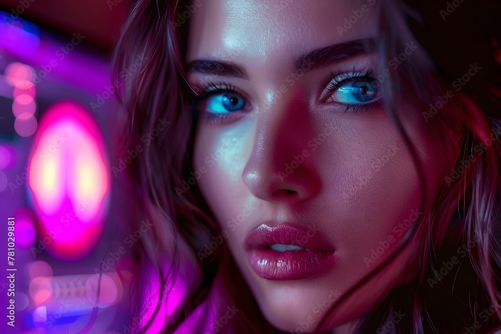 Captivating Feminine Portrait Bathed in Vibrant Neon Lights,Showcasing Enchanting Beauty and Alluring Intensity Captivating Feminine Portrait Bathed in Vibrant Neon Lights,Showcasing Enchanting Beauty and Alluring Intensity