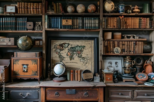 Antique and Vintage Collection Adorning a Cozy Bookshelf with Personal Keepsakes and Curiosities