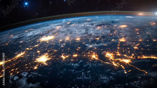 Satellite-enabled IoT network, devices connected across the globe visualized with light nodes,