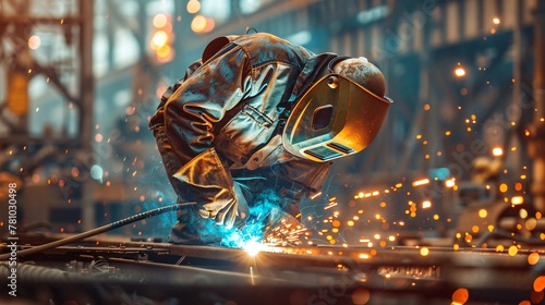 A skilled welder in protective gear performs welding work, generating bright sparks in a large industrial environment.