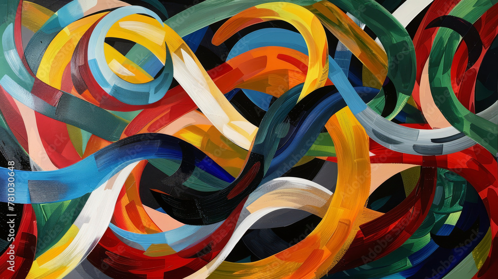 Serpentine paint ribbons in a dynamic abstract expression, full of energy,