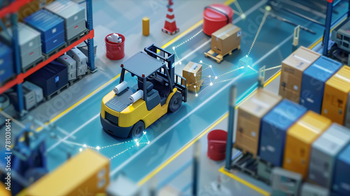 Schematic animation of a forklift s pathfinding algorithm  navigating obstacles in a busy warehouse 