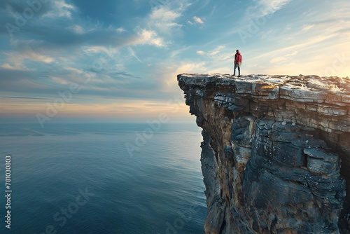Confidence Conquers the Horizon:A Solitary Figure Stands Atop a Rugged Cliff,Embracing the Thrill of New Challenges