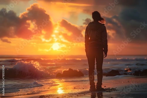 Glowing Sunset Silhouettes a Thoughtful Figure on a Serene Beach,Embodying Hope and Optimism for Brighter Days Ahead