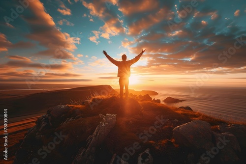 Silhouetted Figure Celebrates Triumph on Mountain Peak at Vibrant Sunset,Symbolizing Hopeful Perseverance and Spiritual Enlightenment