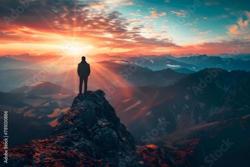 A lone figure stands atop a majestic mountain,embracing the breathtaking sunset and the challenges that brought them here photo