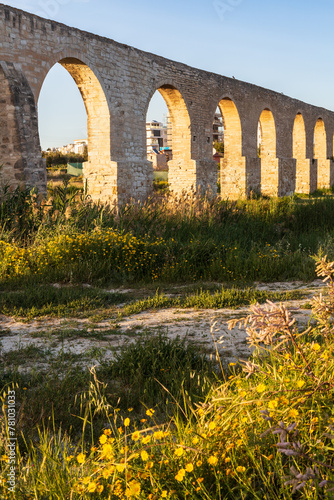 Kamares Aqueduct in Larnaca in spring with yellow flowers on the field, Cyprus