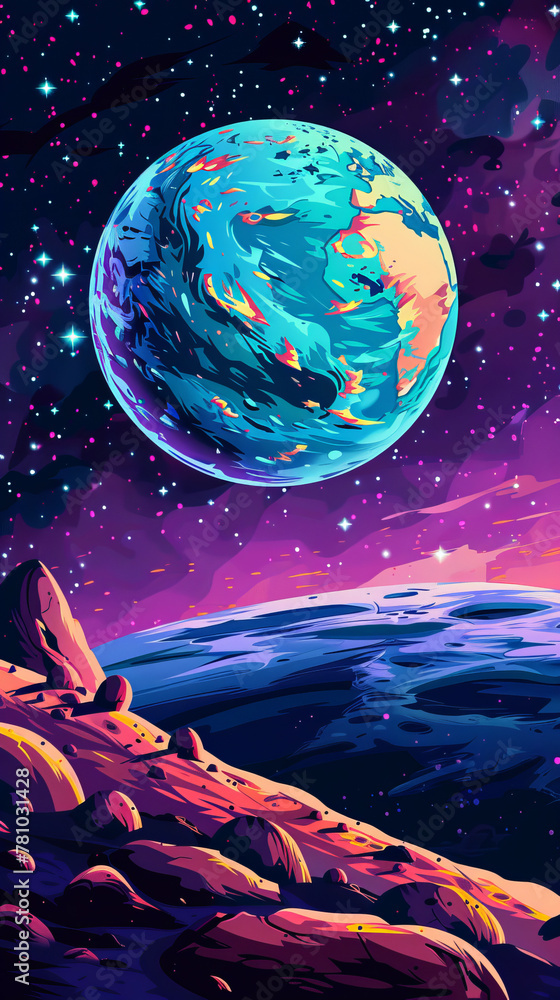 A painting of a blue planet with a rocky surface A painting of a blue planet with a rocky surface
