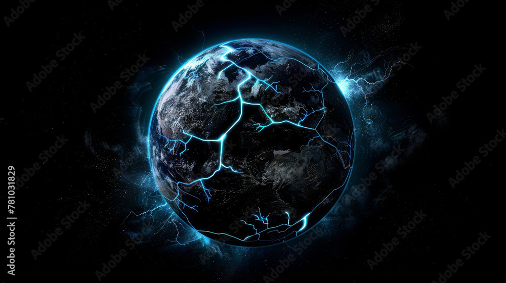 Visualization of a darkened globe with neon cracks representing the breaking point of environmental degradation, Visualization of a darkened globe with neon cracks representing the breaking point of environmental degradation,