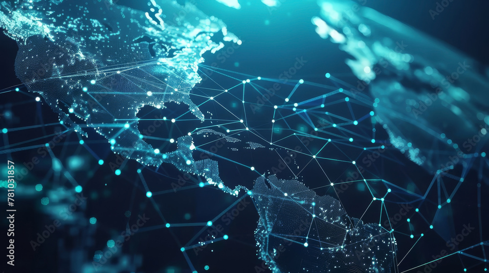 Obraz premium Visualization of a global blockchain network, with digital connections spanning across continents,