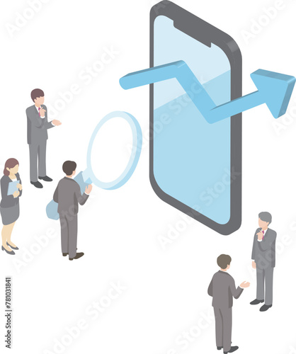 アイソメトリック　ビジネス　スマートフォン　人物　男性　女性　web　seo　シンプル　イラスト素材