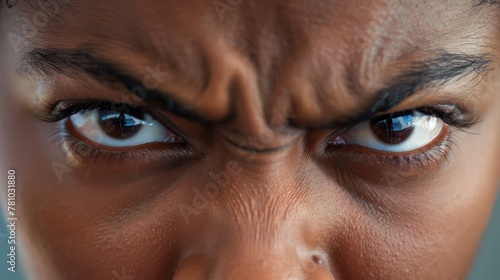 A close-up of someone's face with furrowed brows and clenched jaw, showing frustration.  photo
