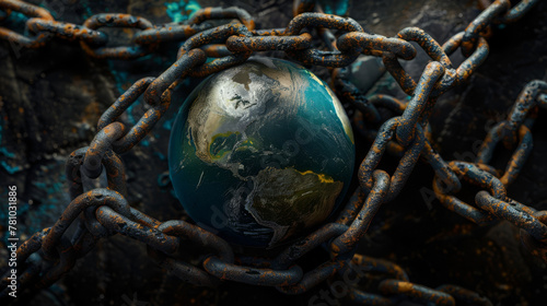 Visualization of a globe encased in carbon chains  depicting the trap of fossil fuel dependence 