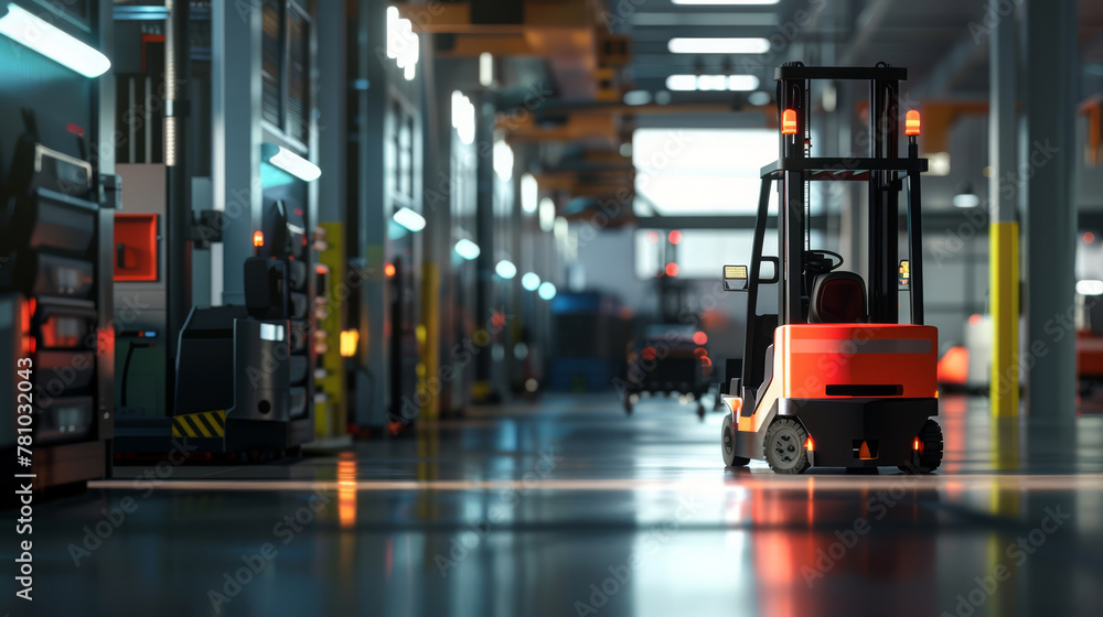 Visualization of AI forklifts being remotely supervised by operators in a control room, ensuring safety, Visualization of AI forklifts being remotely supervised by operators in a control room, ensuring safety,