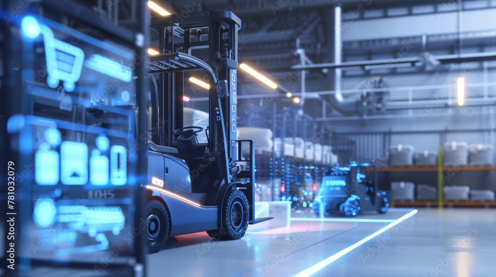 Visualization of an AI forklift seamlessly integrating with IoT devices throughout a smart warehouse,