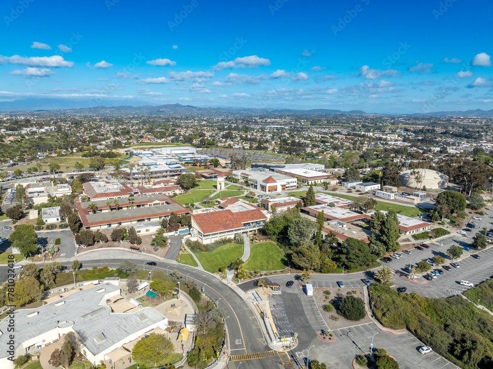 Aerial view of Miracosta public community college serving coastal North San Diego County in Oceanside California with parking lot for students
