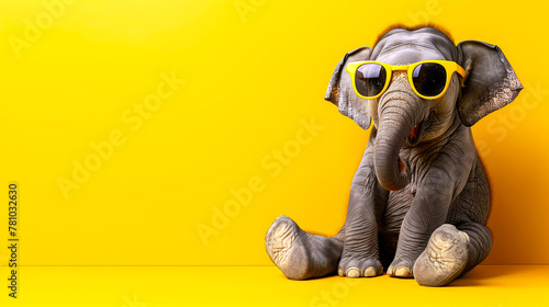 Adorable Elephant Wearing Sunglasses on Yellow Background