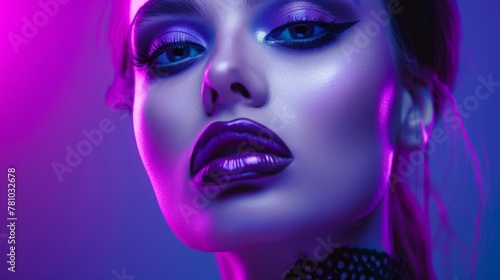 Woman with striking purple makeup and choker