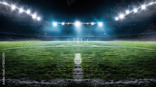 A football stadium illuminated by the glow of floodlights at night, creating a dramatic atmosphere.  photo