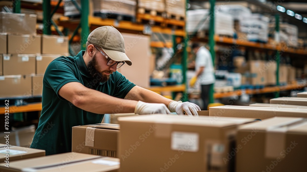 A postal worker in warehouse disassembles and sorts parcels in a warehouse for further sending to the client by courier A postal worker in warehouse disassembles and sorts parcels in a warehouse for further sending to the client by courier