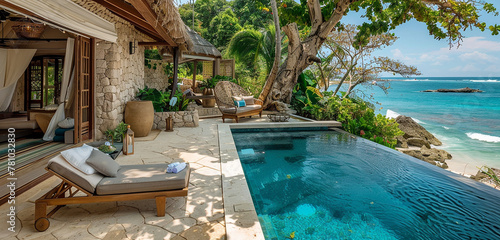 A romantic escape to a private beach villa featuring opulent furnishings  a private pool  and stunning views of the ocean   the ideal location for an unforgettable celebration of romance and love. 