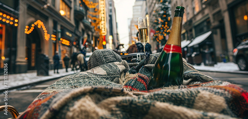 A glass of champagne to salute to the beauty of the occasion and the love shared between two hearts, and a blanket to curl up under during a romantic horse-drawn carriage ride through the city streets photo