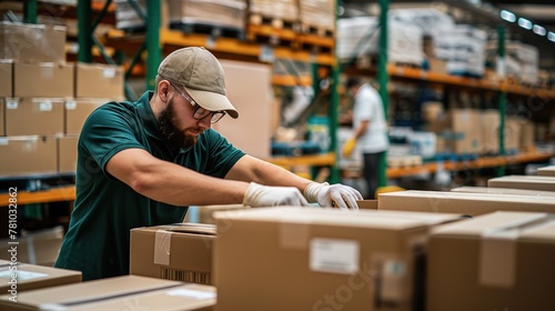 A postal worker in warehouse disassembles and sorts parcels in a warehouse for further sending to the client by courier