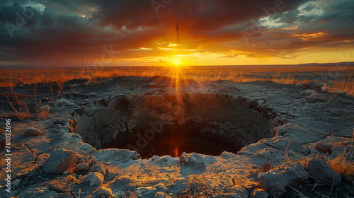 barren landscape with a dry well in the middle, sunset with golden yellow light, Ai Generated Images photo