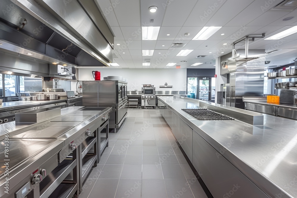 A wide-angle view of a bustling commercial kitchen filled with shiny stainless steel appliances and counters