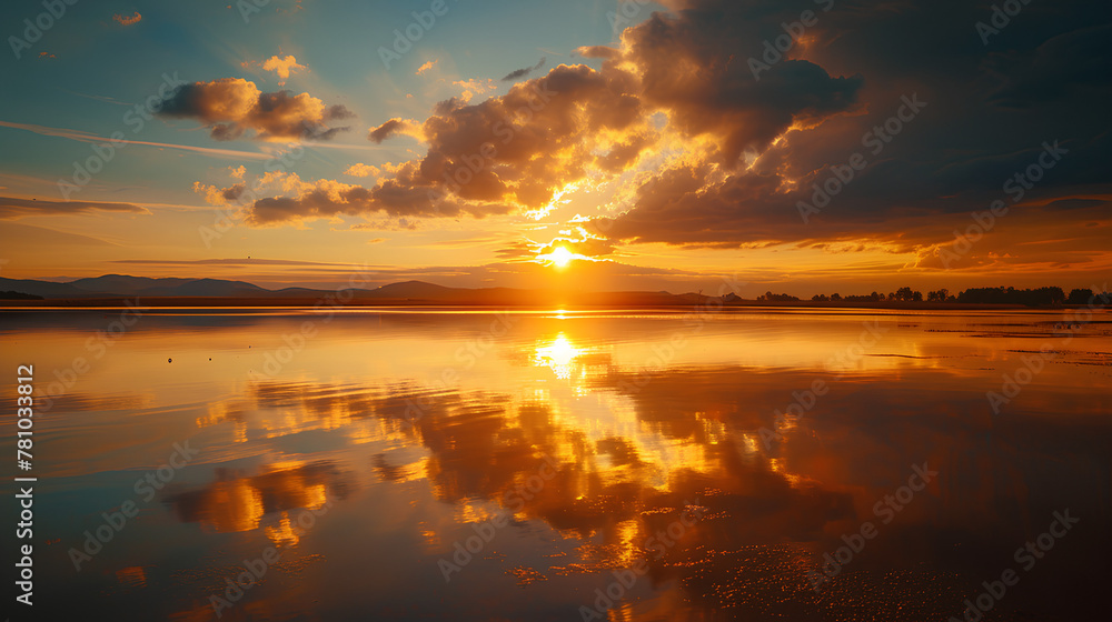 The stunning sunset is reflected in the calm lake, bright sky and clouds