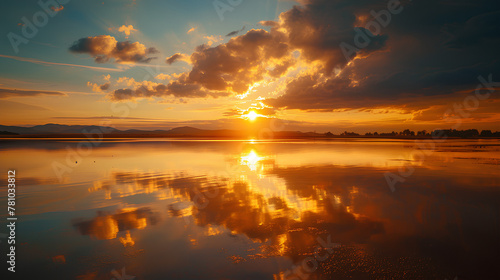 The stunning sunset is reflected in the calm lake  bright sky and clouds