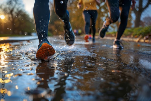 Close-up of joggers feet hitting the path as a group of people run in the rain photo