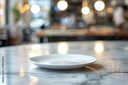 A white plate is placed on top of a marble counter in a commercial photography setting, captured in a distant side view with a bokeh effect
