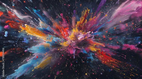 Like a fireworks display this artwork showcases explosions of vibrant paint splatters.