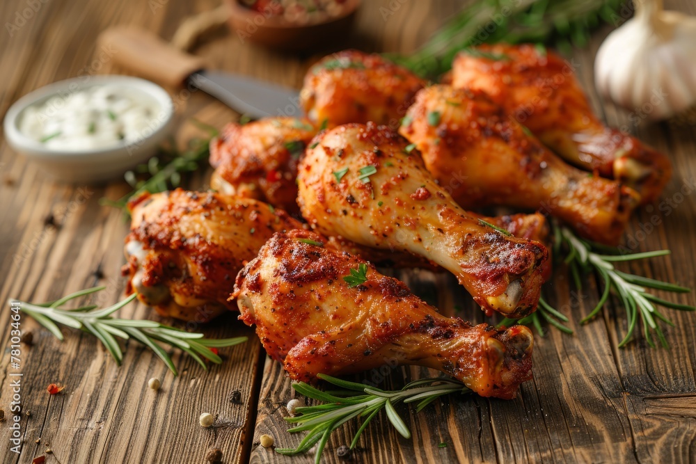 Side angle view of seasoned chicken drumsticks placed on a wooden table