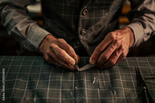 A man is cutting a piece of fabric using a pair of scissors