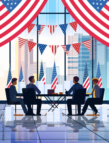 election day concept observers team counting results at round table modern office interior with USA flags vertical