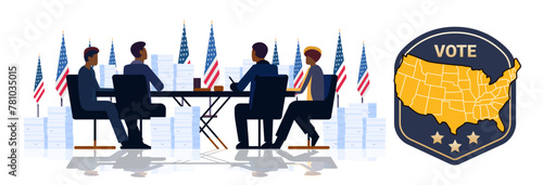 election day concept observers team counting results at round table modern office interior with USA flags horizontal