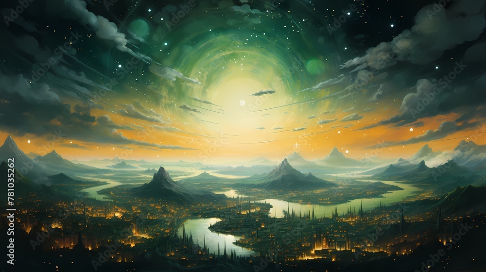A celestial panorama of emerald and saffron, evoking a sense of cosmic wonder.