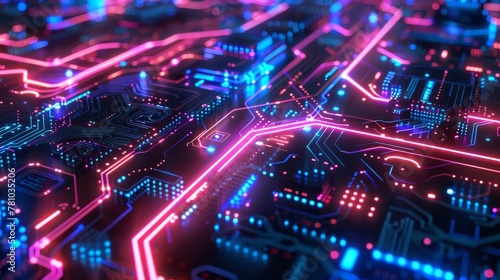 Neon Circuitry on Dark Background in Pink and Blue
