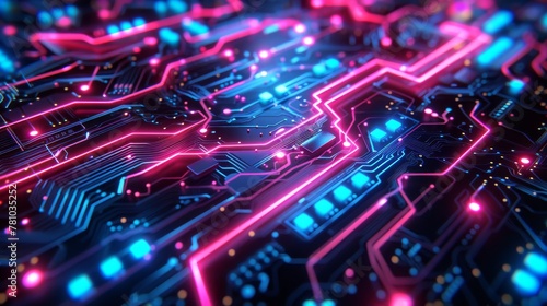 Intricate Circuit Board Traces Glowing with Neon Light
