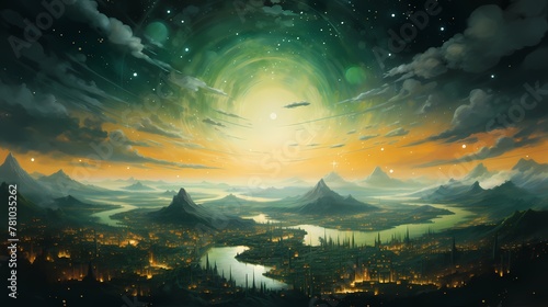 A celestial panorama of emerald and saffron, evoking a sense of cosmic wonder."