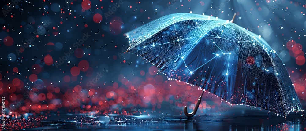 An umbrella kept in a dark technological backdrop with lots of connections lines in it with a big space for text or product, Generative AI.