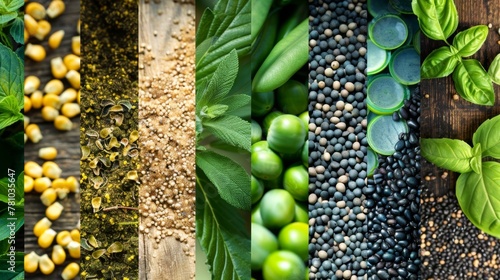 A collage of different types of biofuel sources including crops algae and waste materials highlighting the diversity of renewable energy trade opportunities available on a global scale. . photo