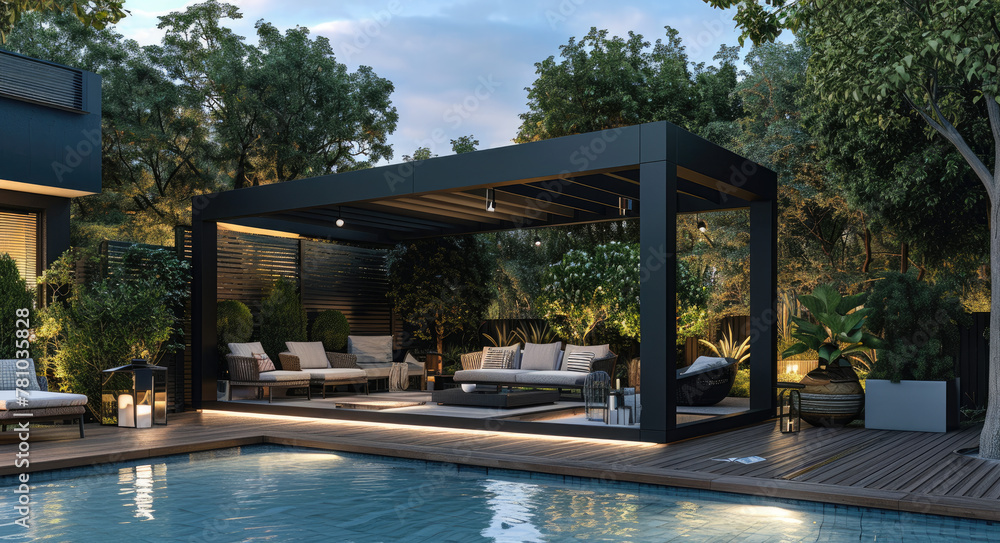 A black rectangular modern gazebo with two sides, placed on the wooden deck of an outdoor swimming pool surrounded by trees and plants at sunset.