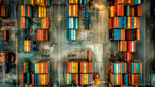 Aerial view of colorful cargo containers at a busy shipping yard, displaying the complexity of international trade and logistics.